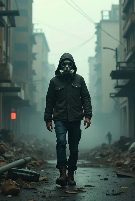 A male person wearing mask with a toxic gas environment of city
