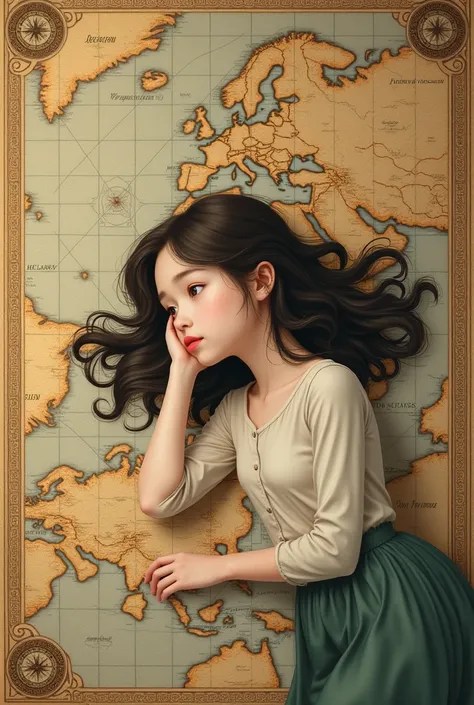 girl lies sideways against the background of a map