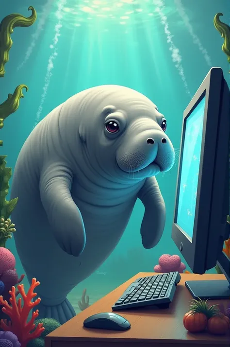 A manatee using a computer