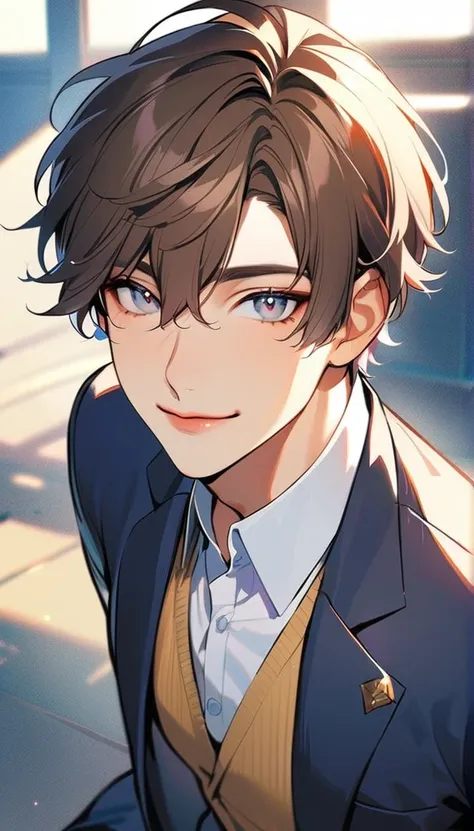 1man, solo, handsome , short cut, brown Hair, gray eyes, detailed eyes, light lips, kind, smile, ２７years old, Navy blue jacket, White shirt, high school student