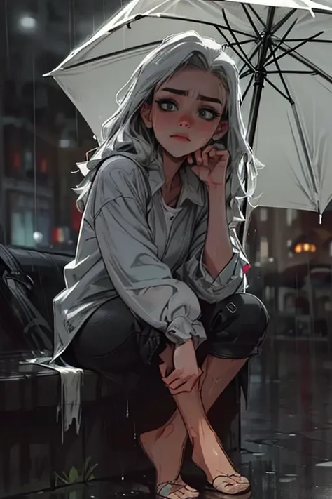 ultra-detailed, vibrant colors, soft natural lighting, fine art, bokeh effect. upper body, casual outfit, medium shot, big eyes, huge eyes, ((upset expression)), ((sitting)), ((on a streets curb)), ((upset face)), ((raining:1.4)), under the rain, ((gray co...