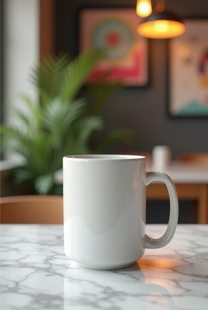 Create a mock-up of a plain mug from a three-quarter angle, slightly elevated and to the side, showing both the front and the handle. Place the mug on a surface such as a sleek marble countertop or a modern table. For the background, use a dynamic and enga...