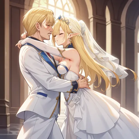 ((best quality)), ((masterpiece)), (detailed), （perfect face）、the woman is seras ashlain, a blonde elf wearing a gorgeous weddin...