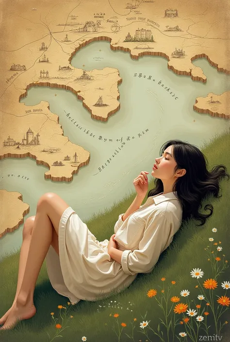 girl lies sideways against the background of a river map 