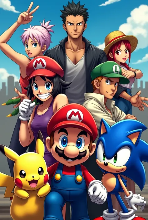 gruppenbild mit Super Mario , Killua Zoldyck, Pikachu, Yoshi, Monkey D. Ruffy, Honda aus Streetfighter, Sonic in action pose