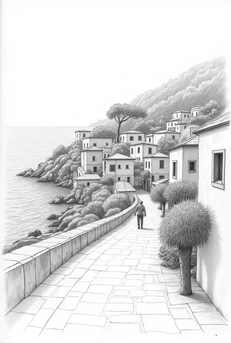 Create a sketch in a frame about a landscape, todo in pencil y que se vea no tan profesional y con borrones pero más elaborado la hecho (in pencil) simpler, sobre un paisaje de una villa italiana vista al mar una más in pencil 

