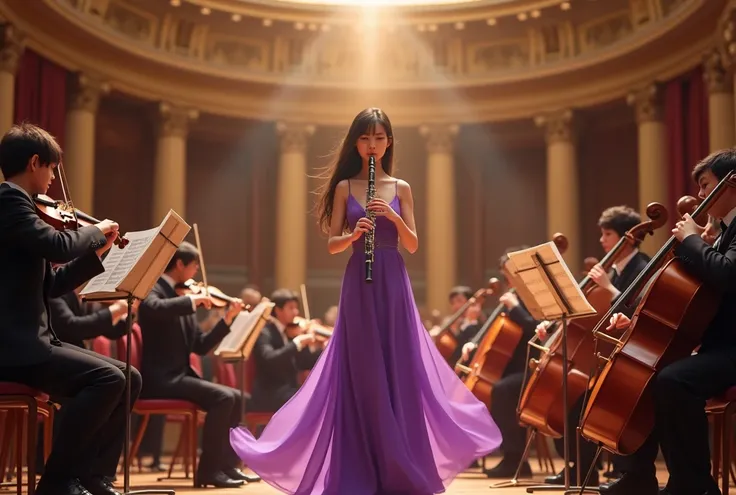 Real Photo, Oboe Concerto, Oboe soloist performing with the orchestra, Cute Japanese girl 1, Purple Dress, A magnificent music hall, Spotlight