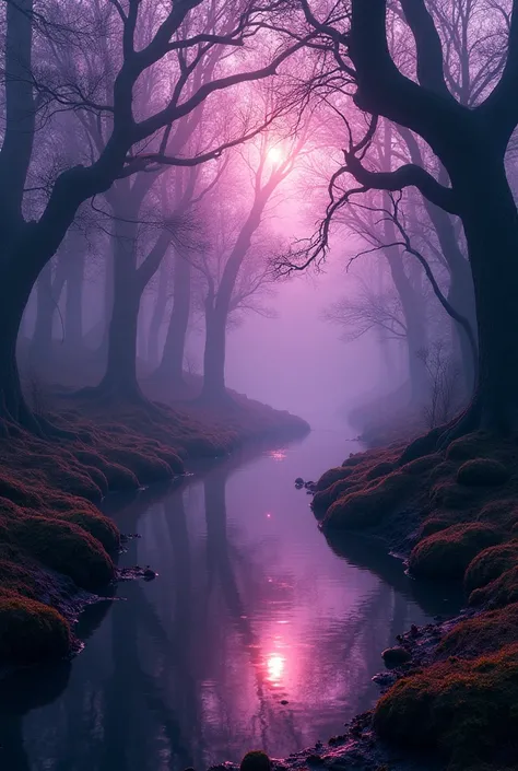 I need you to generate a background image of a dark forest design with reflected lights with pink and purple tones,  This image must have a Halloween theme and must not include any people., just an image background ( wallpaper). It must have dimensions of ...