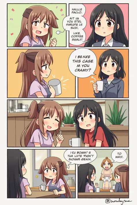 convo with 2 girls in coffee shop like comic 8 panels the left side girl is annoyed and angry and the right side girl is calm