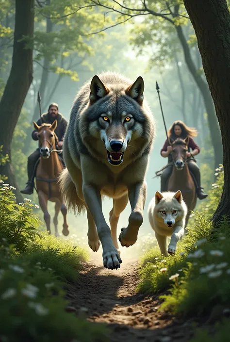 Draw a wolf running in the forest from three hunters on horses with his three little wolf cubs