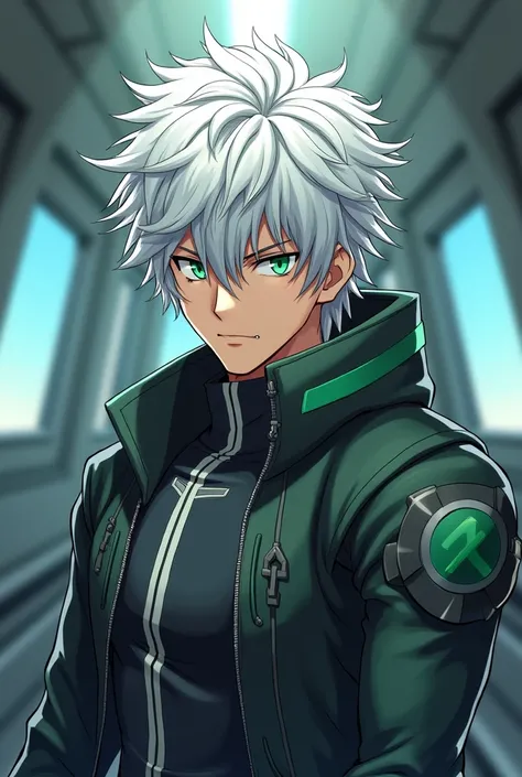 Handsome anime guy, green eyes, white hair, wearing a pilot uniform.