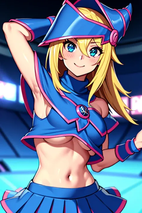 Dark_magician_girl, (cheerleader uniform | midriff, | blue and pink), (turtleneck_top | short_pleated_skirt | underboob), stadium, cute pose, happy, smile, (long blonde_hair | dark_magician_girl_hat), skinny, small_boobs, flat_chest, beautiful, high resolu...