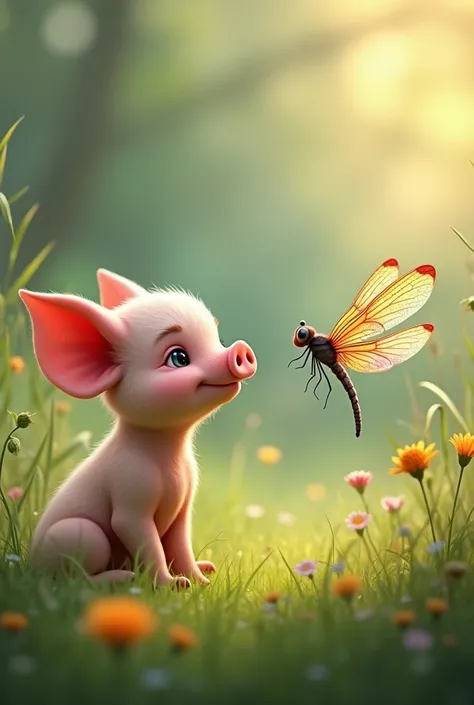 Piglet and dragonfly seeing face to face 