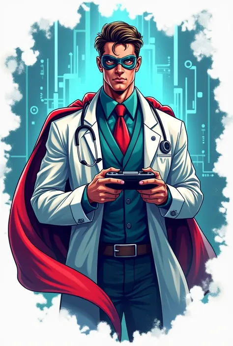 Doctor cocoon logo with superhero cape playing video games
