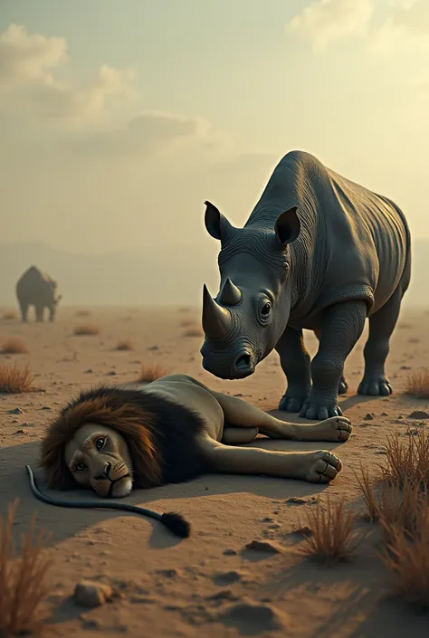 A dead lion next to a rhino