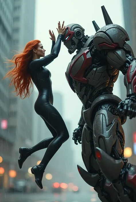 (photorealism:1.2), A beautiful woman ,long red hair ,dressed like a super hero iron man ,hands raised fighting a robot like optimus prime in the air in the middle of light rain 