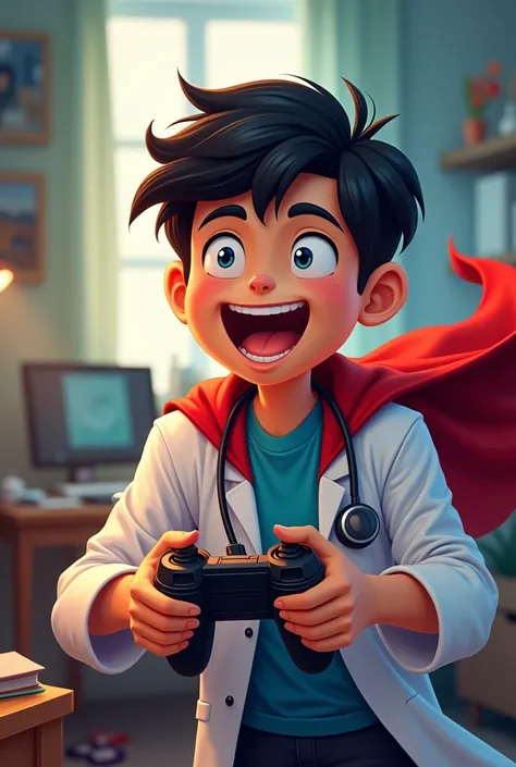 Logo rookie doctor with superhero cape playing video games
