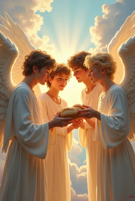 Male angels eating bread 
