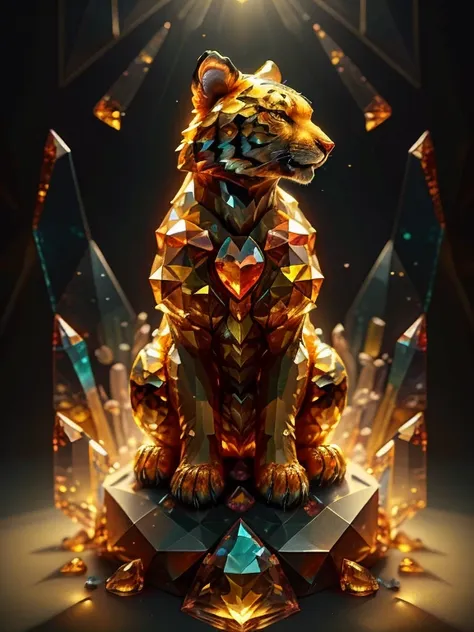 (((best quality))), tiger, feral tiger, colored crystal tiger statue, crystal polygons, glass effect, broken glass effect, ((low...