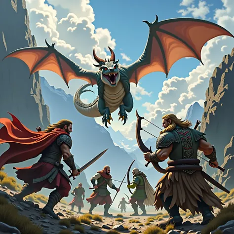 Epic battle between a dragon and a goblin with a dagger fighting a human with a sword, an elf with a bow and a dwarf with an axe, all with cinematic graphics.