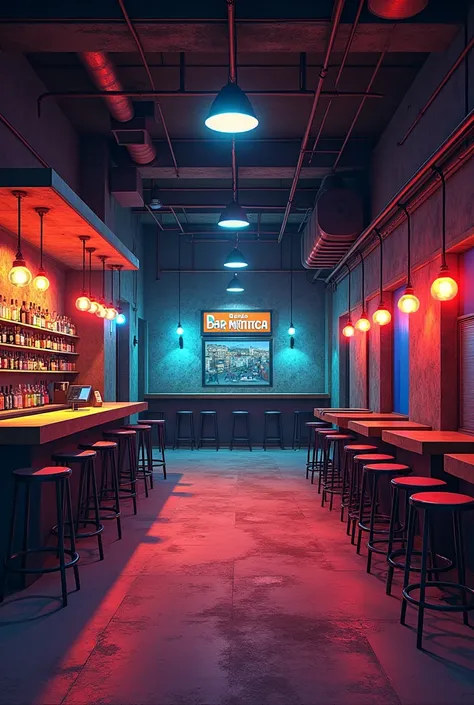 Create the image of a large hall from 1997 where inside it is a free space with a concrete counter at the back where a bar operates., on the ceiling painted lamps with blue, red and yellow colors in front of the name bar da mutuca and dirt road
