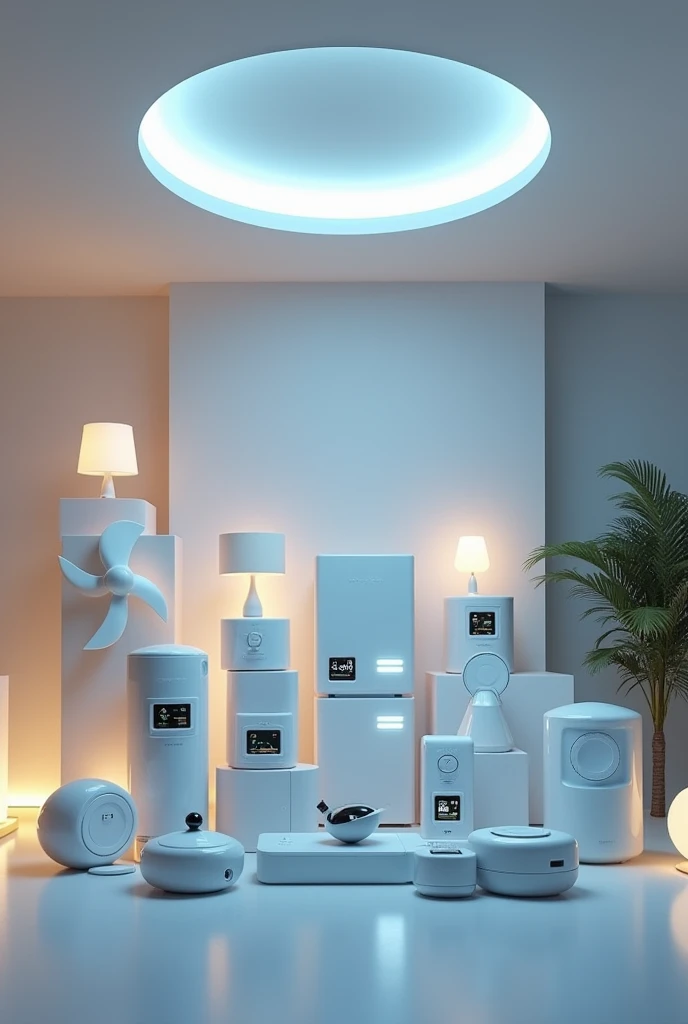 Create a futuristic product line display showcasing various AI-powered home automation devices. The products should include smart lighting fixtures (ceiling lights, table lamps), smart fans, refrigerators, televisions, security sensors, and thermostats. Ea...