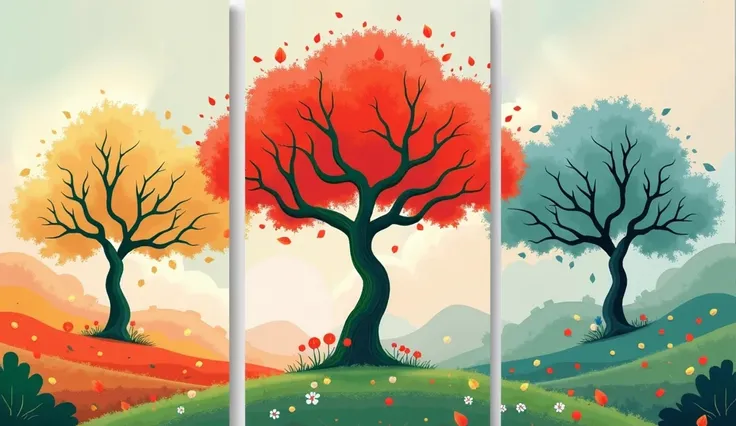 "A stylized triptych of trees representing the four seasons in a minimalist art style. The left tree is in autumn colors with warm orange and yellow tones, the middle tree is vibrant with deep red leaves representing summer, and the right tree is fading in...