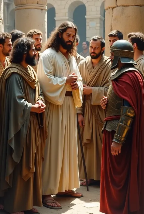 Long-haired Jesus with his disciples and a Roman soldier