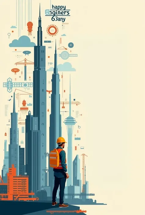 Create a poster on engineer day so first divide page in two vertical parts then generate a theme that has skyscrapers and also add other engineering equipments icons and small size engineer with having backside shadow on the left cover full side and keep t...