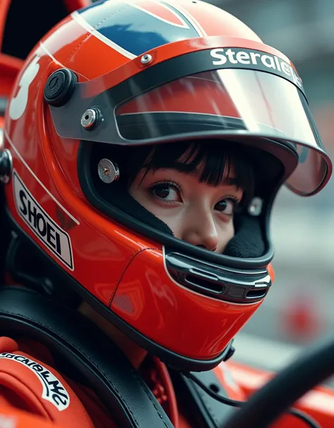 1girl is wearing F1 helmet, (((SHOEI helmet))), circuit, ((sitting F1 cockpit)), hard breathing, Japanese girl, cute girl, black hair, (((racing helmet))), (((fullface helmet:2.0))), ((covered mouth)), covered nose, (((too small face area))), latex bodysui...