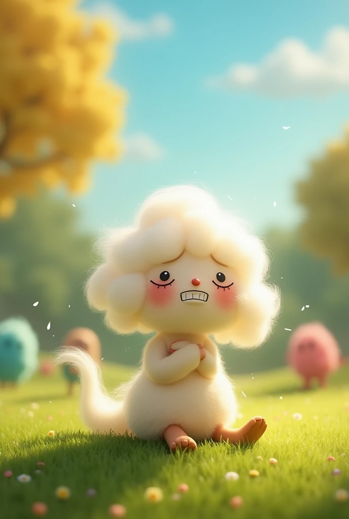 Picture a cute, animated character named Mr. Breeze (a small, friendly creature resembling a wind sprite or a cloud with legs) looking weary and struggling to keep up with his friends while playing outside. His face shows a hint of exhaustion, and he is si...