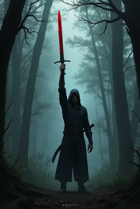 man. Hold the sword obliquely above your head with both hands.. Surrounded by dark forest. black clothes. Bloody Sword.