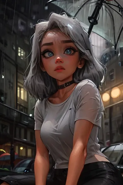 ultra-detailed, vibrant colors, soft natural lighting, fine art, bokeh effect. upper body, casual outfit, medium shot, big eyes, huge eyes, ((sitting)), ((on a streets curb)), ((raining:1.4)), under the rain, ((gray colours:1.5)), ((at night)), ((dark atmo...