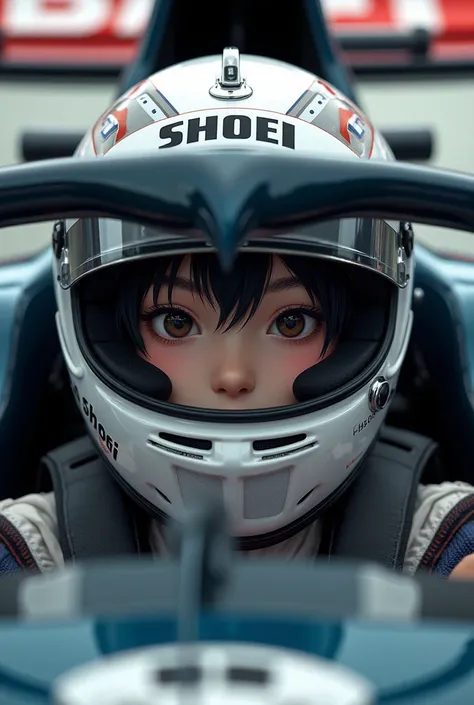 1girl is wearing F1 helmet, (((SHOEI helmet))), circuit, ((sitting F1 cockpit)), hard breathing, Japanese girl, cute girl, black hair, (((racing helmet))), (((fullface helmet:2.0))), ((covered mouth)), covered nose, (((too small face area))), latex bodysui...