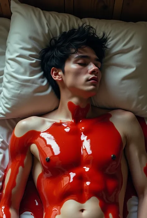 A man is sleeping on the bed, with dark hair and pale skin, covered in red sauce 