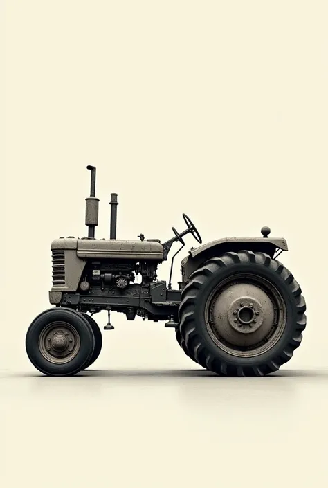 Create a side view drawing of the farm tractor with half of the parts missing