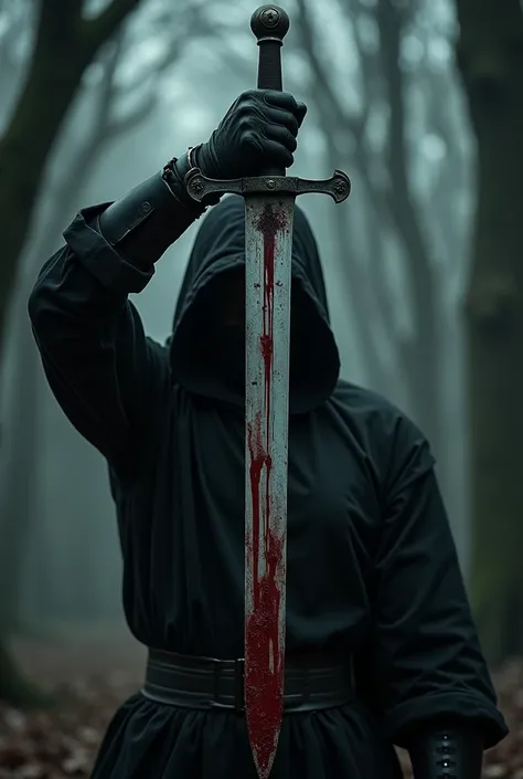 Hold the sword obliquely above your head with both hands.. Surrounded by dark forest. black clothes. Bloody Sword. Close up photo.