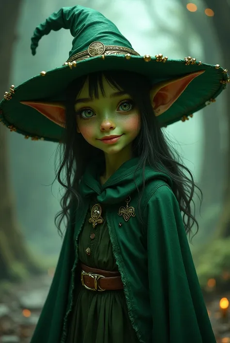 Beautiful goblin race girl, green skin and pointy ears dressed as a witch inspired by dungeons and dragons