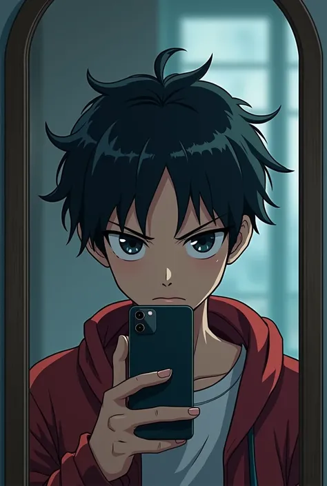 Profile picture for Instagram,like anime, a boy of high school,not so cute, take its photo in mirror by a phone 