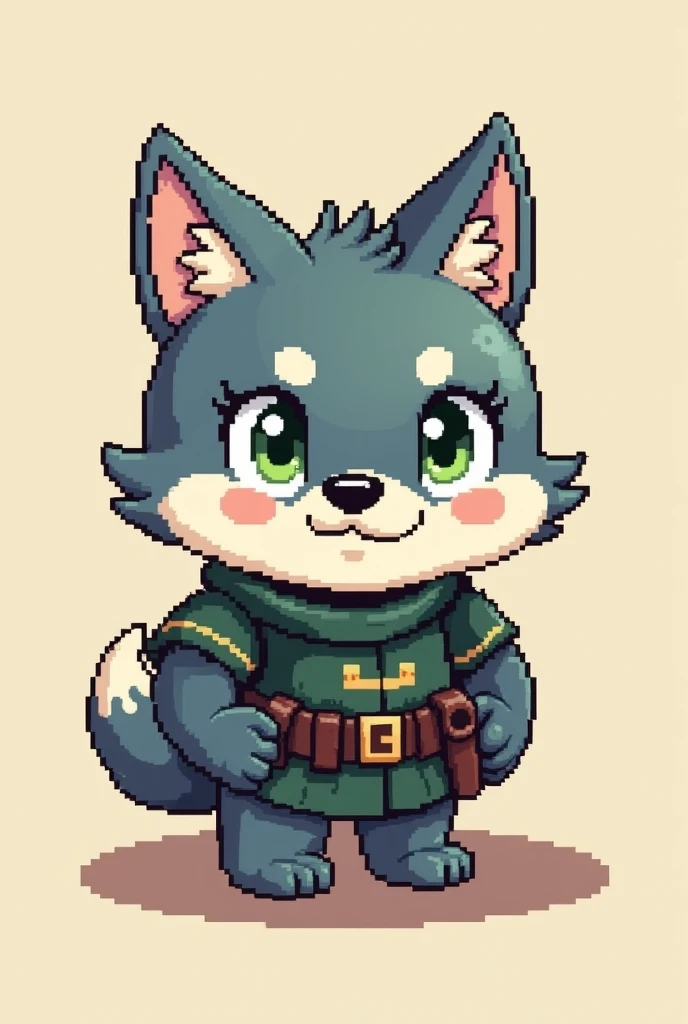 Cute 2D Wolf soldier pixel with green eyes friendly
