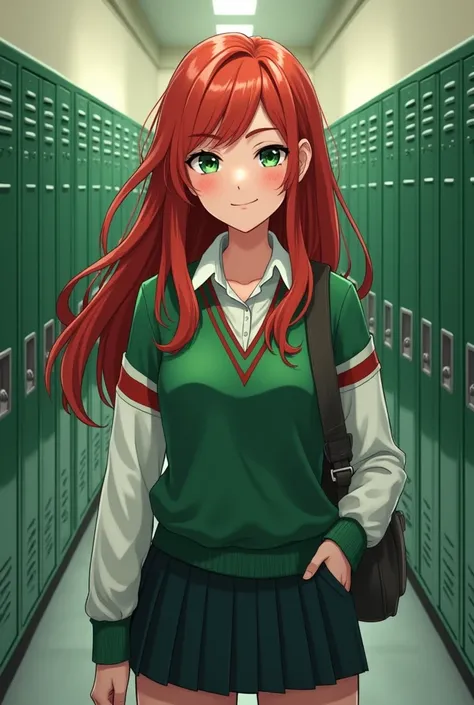 create the image of a young woman who looks between 18 and 2, long red hair,  white skin and greenish eyes, wearing a school uniform and a green and white sweater, in the digital illustration style inspired by the GTA V loading screens, your happy expressi...