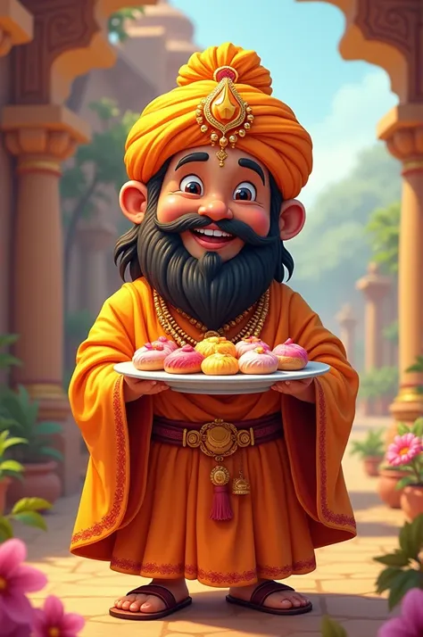 a cartoon having Brahmin like clothes and sweets in one hand