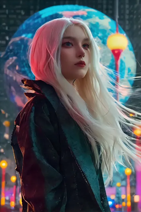 (8k, RAW Photos, highest quality, masterpiece: 1.2), Bremens band, cyberpunk, animation, fantastic and mysterious background, high saturation, high contrast, full body shot, beautiful woman, A beautiful 20-year-old woman staring at me, Long white hair blow...