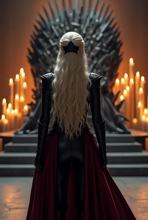 A beautiful Aesthetic Daenerys Targaryen with long curly platinum blonde hair with black flat crown on back, shes wearing a royal black Armour suit with Dark Red cloak on her right back shoulder, Shes walking to Iron throne on a large throne room, Walls ar...