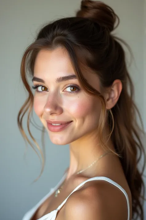 Create an image of a female student, light brown hair, brown eyes, single, hair tied up, 