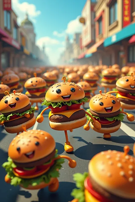 A crowd of burgers running 