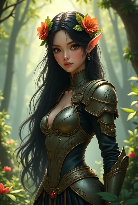 Beautiful elf girl in an armor, with long black hair and flower accesories