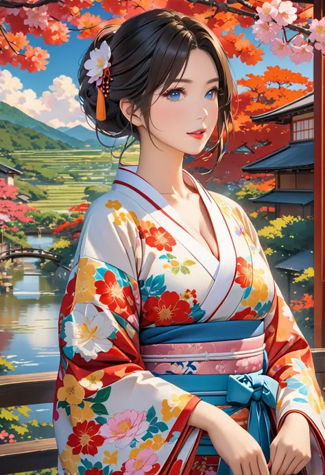 (Best Quality, 4K, 8k, High resolution, masterpiece:1.2), Very detailed, Picturesque, Anime Style Photo, Photo Anime:1.37)、Beautiful Japanese Woman、kimono、open cloths、(Emphasize cleavage)