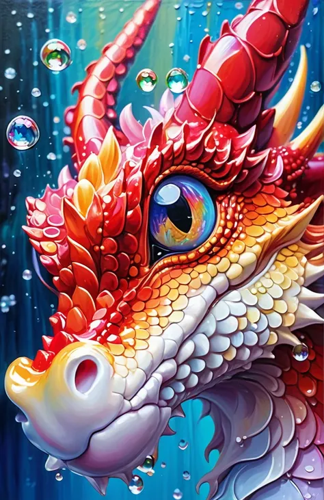 Red dragon with eyes closed，[profile,Colorful colors, surrounded by water bubbles, Cute style, masterpiece, Anime-style oil painting, Head close-up, Exaggerated perspective, Tyndall effect, Water Drop, Mother of Pearl Iris, Holographic White,