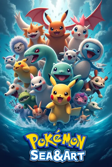 ((masterpiece, Highest quality, Best image quality, High resolution, Realistic, RAW Photos, 8k, Highly detailed CG synthesis 8k wallpaper)), Pokémon movie poster, lots of Pokémon jumping out of the screen, the text "Pokémon sea&art" written in large letter...